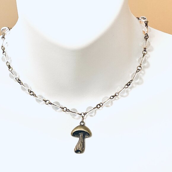 Genuine Clear Quartz Short Necklace, Bronze Slim Mushroom + Natural Gemstone - Picture 2 of 16